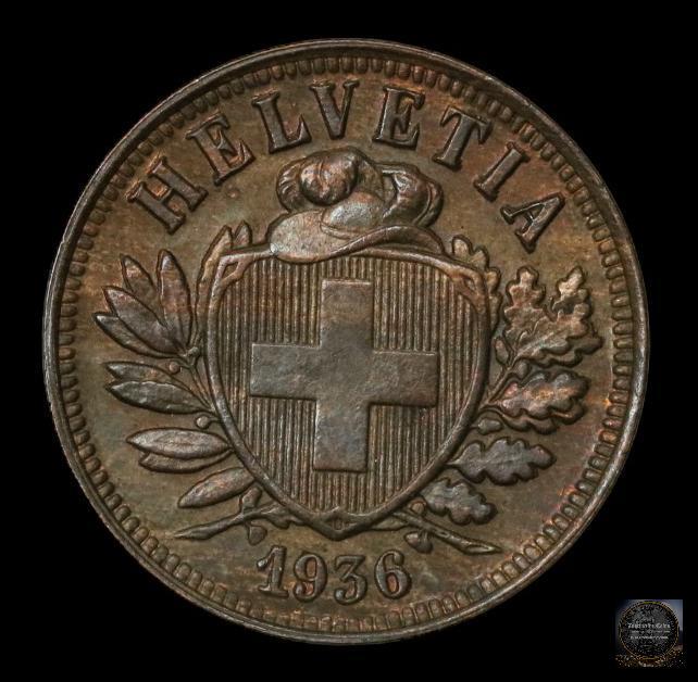 SWITZERLAND 1936 B 2 RAPPEN K-4.2A AU/UNC: SWITZERLAND 1936 B 2 RAPPEN K-4.2A AU/UNC