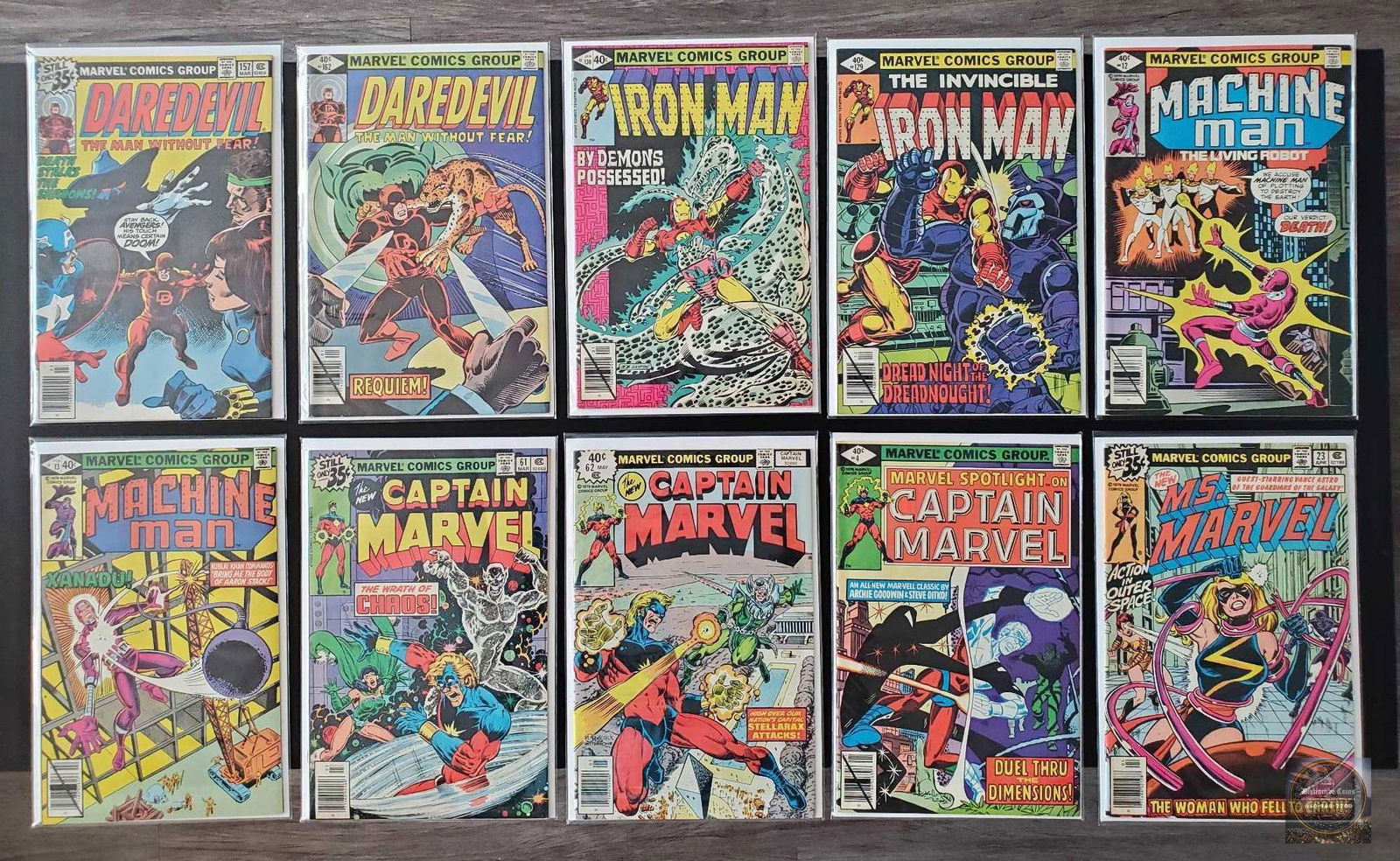 Mixed lot of 10 Marvel comics featuring Daredevil, Iron Man, Machine Man, Cpt. Marvel, & Ms Marvel. (1 of 11)
