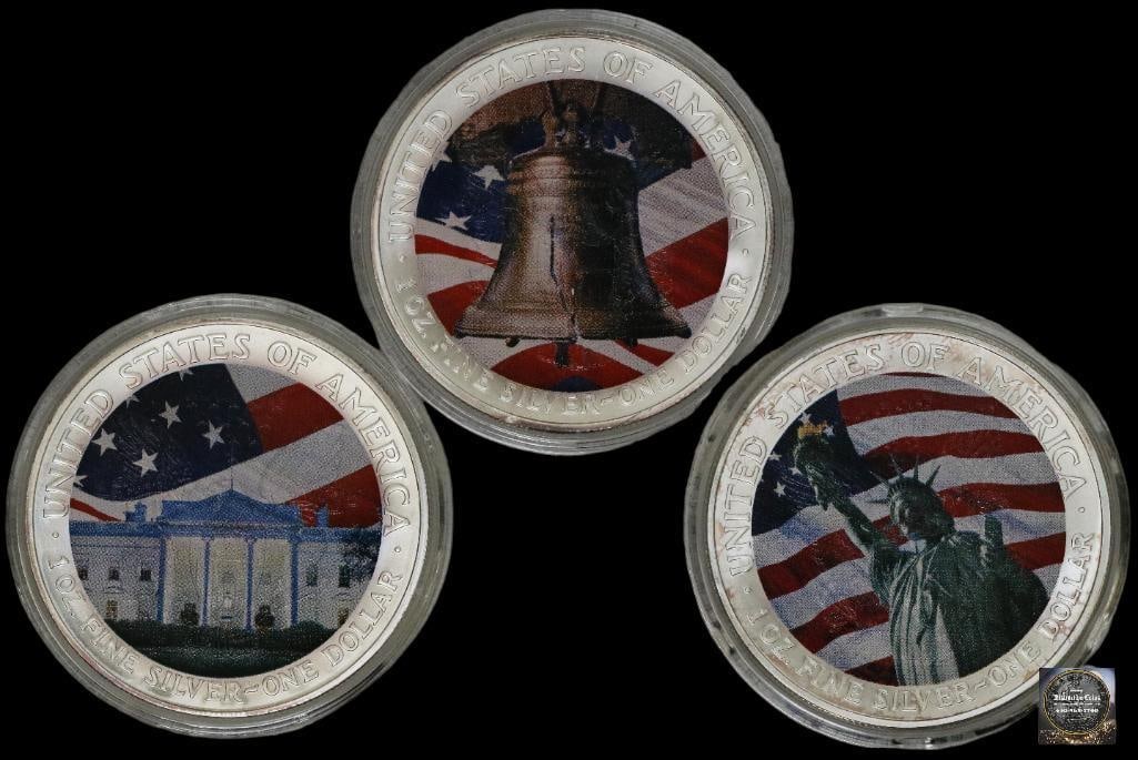 Group of (3) American Silver Eagle 1oz. Colorized 2003 & 2004 Liberty Bell, White House, Liberty (1 of 2)