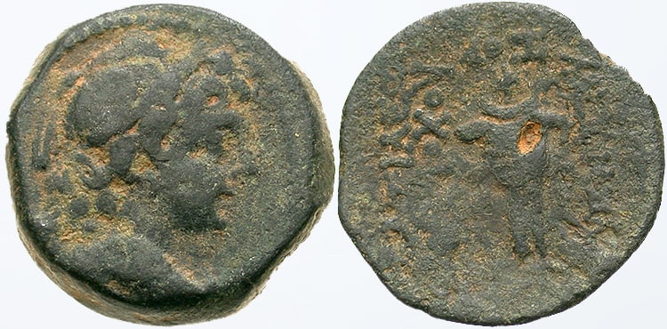 Antiochos VII 138-129 BC: Bronze unit, 18.5 mm.Obverse: Bust of Eros facing right.Reverse: BASILEWS ANTIOCOUIsis head-dress with crescent below.Antiochus VII Euergetes, nicknamed Sidetes (from Sidon), reigned from 138 to 129 B