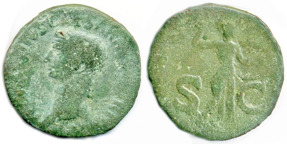 Claudius 41-54 AD: Bronze As, 28 mm, 6.78 gm.Obv: TICLAVDIVSCAESARAVGPMTRPIMPPPHead of Claudius facing left.Rev: S C, Minerva standing, holding a shield and brandishing a spear.Claudius (10 BC - 54 AD) was the fourth Ro