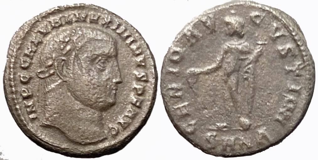 Galerius 305-311 AD: Bronze follis, 23 mm, 6.62 gm.Obv.: IMP C GAL VAL MAXIMIANVS P F AVGLaureate head of Galerius.Rev.: GENIO AVGVSTIGenius standing left, holding patera and cornucopiae. Gaius Galerius Valerius Maximianu