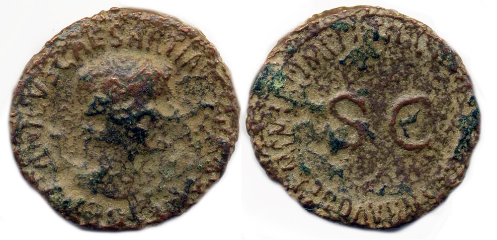 Germanicus 37- 41 AD: Bronze As, 27 mm, 9.41 gm.Obv:GERMANICVS CAESARTI AVGVST F DIVI AVG NHead of Germanicus facing left.Rev: CCAESARAVGGERMICVSPON M TR POT SC.Germanicus, born 15 BC, was a very popular and successful gen