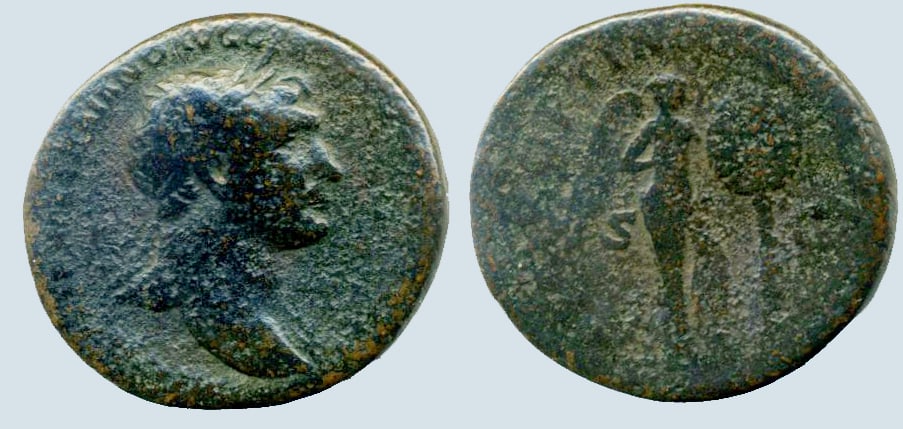 Trajan 98-117 AD: Copper As, 27 mm, 8.89 gm.Obv:IMPCAESARNERVATRAIANAVGGERMPMLaureate head of Trajan facing right.Rev: TR POT COS II PP / S CVictory inscribing shield on trophy.Trajan was born in Spain, he served in th