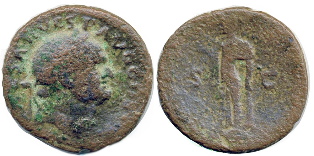 Vespasian 69-79 AD: Copper As, 25 mm, 9.15 gm.Obv: IMP CAESAR VESP AVG COS VII Laureate head of Vespasian right.Rev: S CSpes advancing left holding flower.Vespasian was born in Falacrina, he rose to command during the in