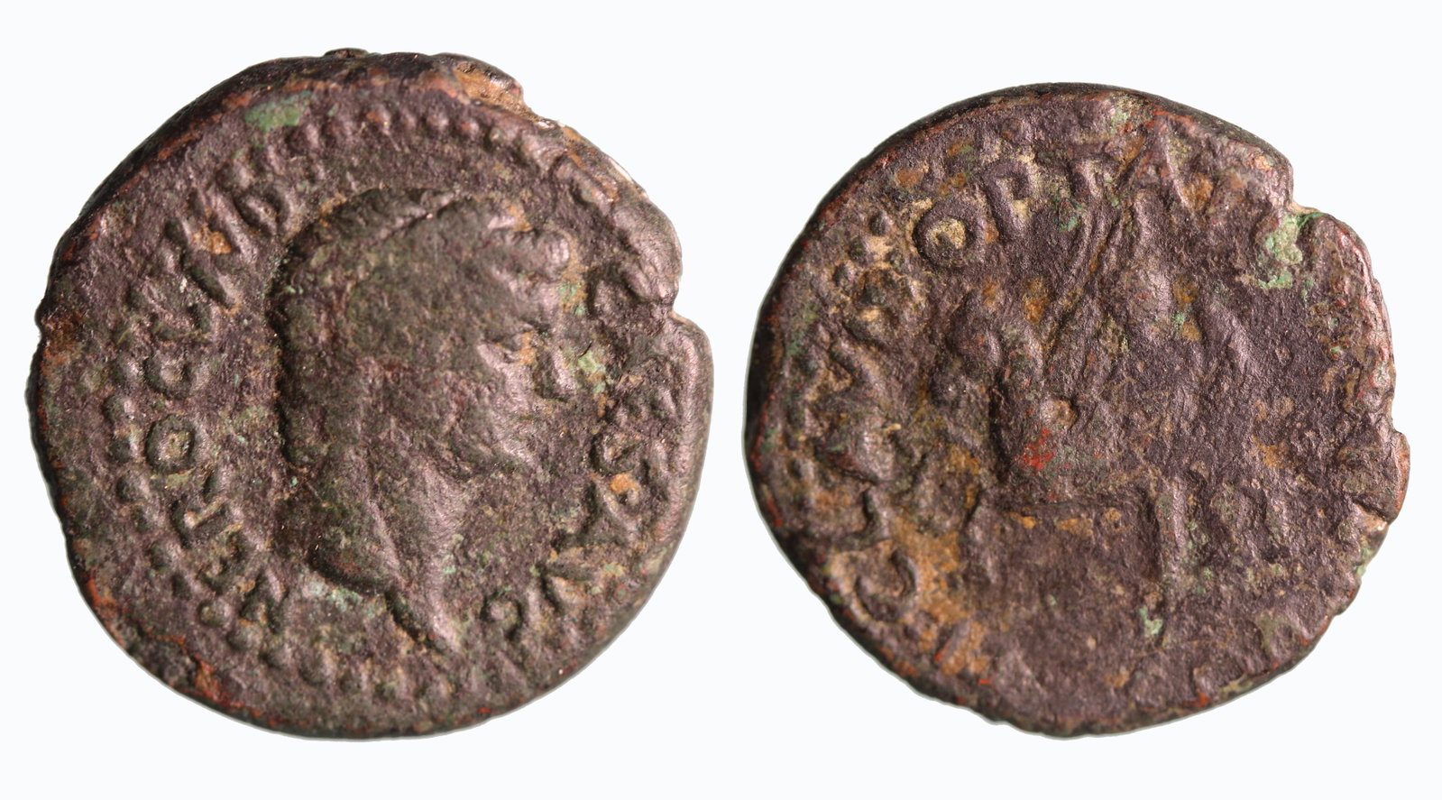 Nero 54-68 AD: Bronze, 20 mm, 7.52 gm.Obv: NERO CLAVD CAESAR AVGHead of Nero facing right.Rev: CLAVD OPTATVS II VIR / COR in exergue. Bellepheron holding Pegasos.Minted in Corinth,57 -59 AD.Among the atrocious acts 