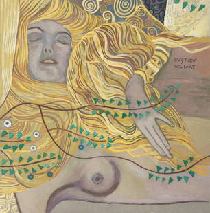 Austrian Modernist gouache on paper Gustav Klimt painting nude woman portrait golden hair floral: Gouache on paper, painting. Signed upper right part. 8,5 x 8,7 in. (21,7 x 22,2 cm). From a private collection. Gustav Klimt (1862-1918, Austrian). It is being sold in the manner or style of the