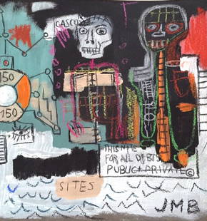 Jean-Michel Basquiat mixed media on paper American Abstract Expressionism human figure skull: Mixed media on paper. Signed lower right. From a private collection. 6,9 x 8,7 in. (17,5 x 22 cm). Jean-Michel Basquiat (1960-1988, American). It is being sold in the manner or style of the artist.