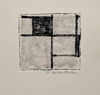 Piet Mondrian linocut etching on paper Dutch Abstract: Linocut etching on paper. Signed lower right. From a private collection. 8,2 x 11,7 in. (20,9 x 29,7 cm). Piet Mondrian (1872-1944, Dutch). It is being sold in the manner or style of the artist. Abstr