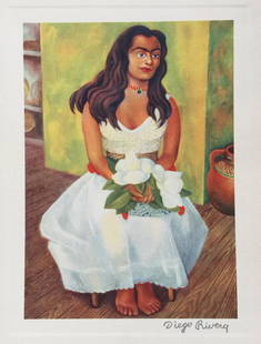 Diego Rivera vintage litho young woman with bouquet Mexican: Vintage litho print. Signed lower right and Attr. Diego Rivera (1886-1957). From a private collection. 8,3 x 10,6 in. (21 x 27 cm). The lithograph depicts a seated young woman in a white dress with