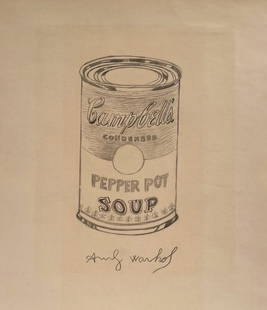 Pencil drawing Pop Art American Andy Warhol Campbell Soup Can: Pencil on paper, drawing. Signed lower part. From a private collection. Andy Warhol (1928-1987, American). 9 x 10,2 in. (23 x 26 cm). It is being sold in the manner or style of the artist. Featuring