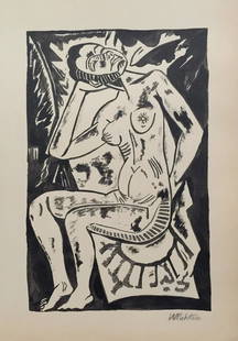 Max Pechstein ink on paper Expressionism German: Ink on paper, drawing. Signed lower right. From a private collection. 8 x 11,8 in. (21 x 30 cm). Max Pechstein (1881-1955, German). It is being sold in the manner or style of the artist. Seated nude