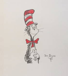 Crayon on paper Dr. Seuss drawing Cat art: Crayon on paper, drawing. Signed in the lower right. From a private collection. 8,4 x 9,4 in. (21,4 x 23,8 cm). Dr. Seuss (1904-1991, American). It is being sold in the manner or style of the artist.