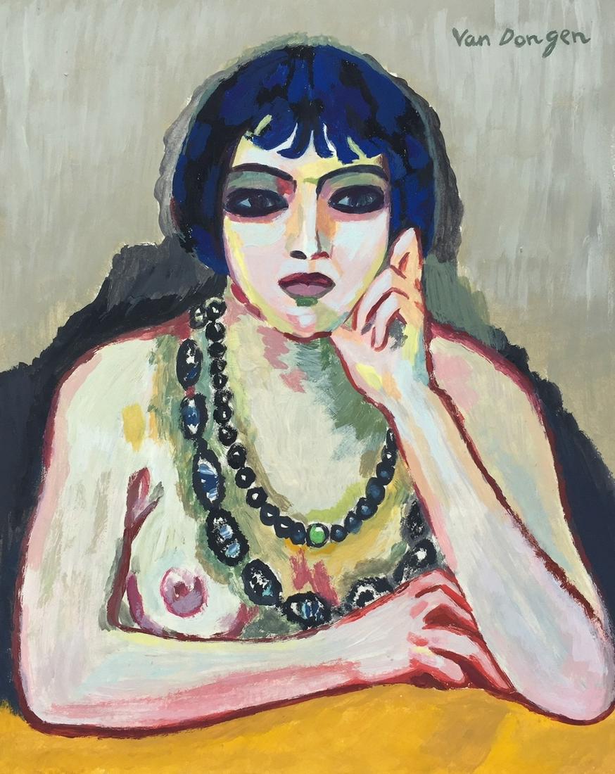 Tempera on paper Fauvism Kees Van Dongen Dutch nude woman portrait painting: Tempera on paper, painting. Signed upper right. From a private collection. 7,2 x 9 in. (18,3 x 23,1 cm). Kees Van Dongen (1877-1968, Dutch). It is being sold in the manner or style of the artist. Depi