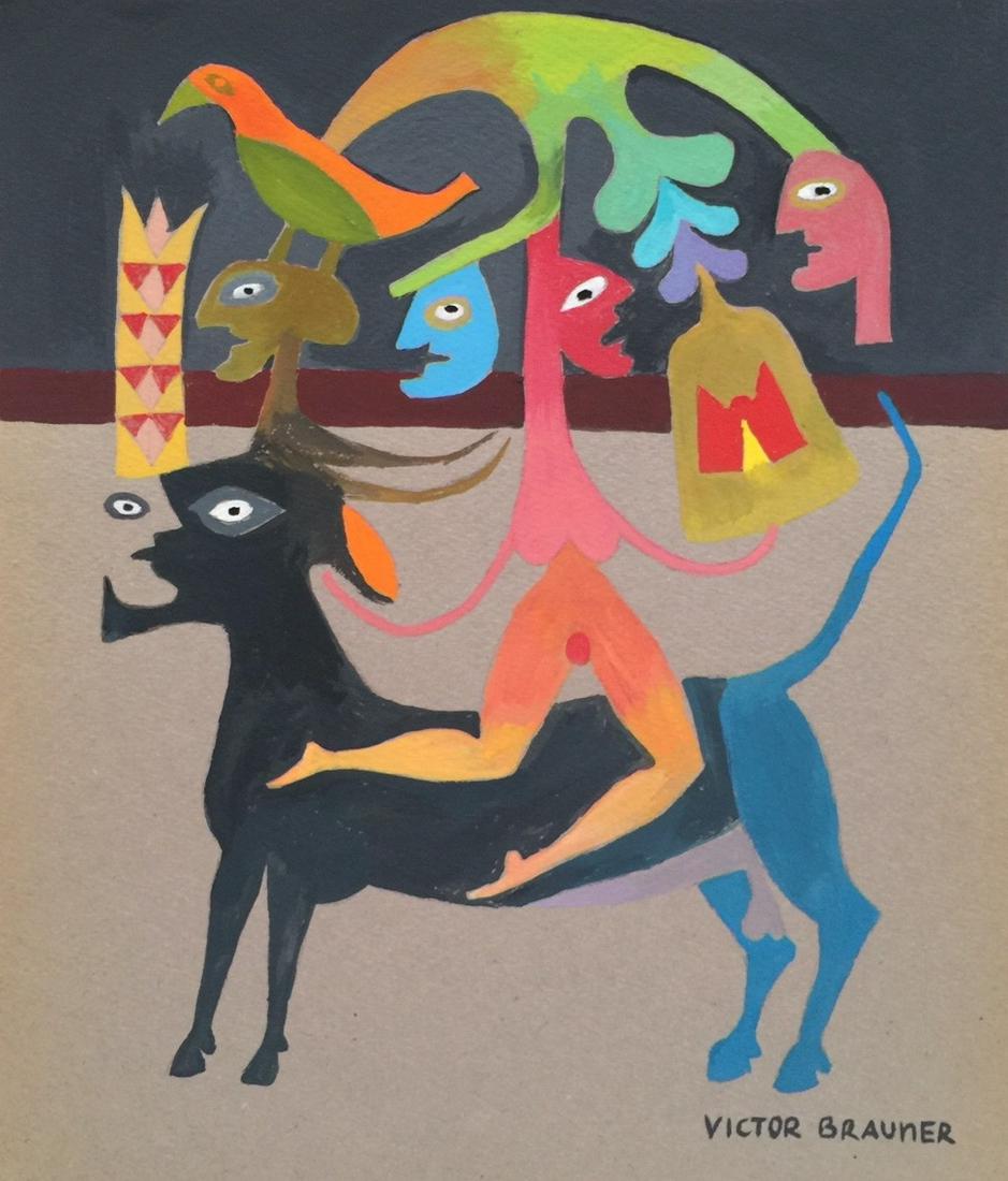 Gouache painting Surrealism Victor Brauner French Romanian nude woman: Gouache on paper, painting. Signed lower right. 9 x 10,4 in. (23 x 26,5 cm). From a private collection. Victor Brauner (1903 - 1966, French-Romanian). It is being sold in the manner or style of the ar