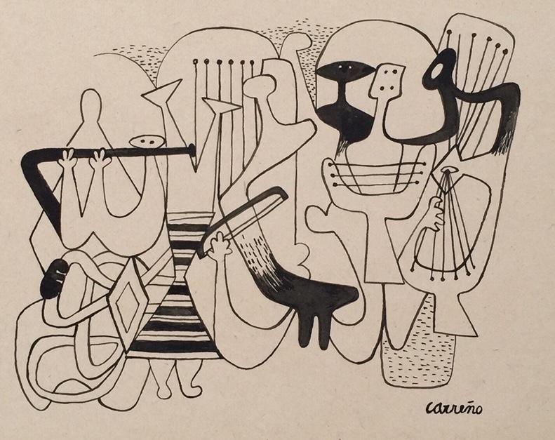 Drawing Mario Carreno ink on paper Cuban musicians figures playing instruments (1 of 2)