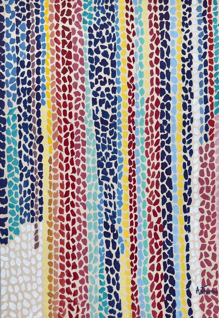 Painting on paper Alma Thomas African American style colorful dots optical art: Painting on paper. Signed lower right. From a private collection. 8 x 11,6 in (20,3 x 29,5 cm). Alma Woodsey Thomas (1891-1978, African-American). It is being sold in the manner or style of the artist