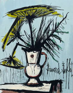 Bernard Buffet mixed media on c/b French Expressionist yellow flowers: Mixed media on cardboard, painting. Signed lower right part. From a private collection. 7,8 x 10 in. (19,7 x 25,5 cm). Bernard Buffet (1928-1999, French). It is being sold in the manner or style of