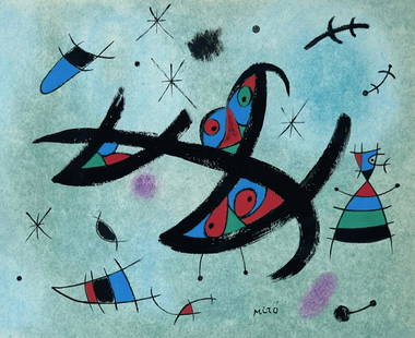 Mixed media on paper Joan Miro Spanish Surrealist: Mixed media on paper. Signed lower right part. From a private collection. 9,8 x 12 in. (25 x 30,5 cm). Joan Miro (1893-1983, Spanish). It is being sold in the manner or style of the artist. The