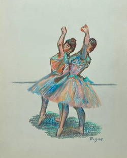 Edgar Degas pastel on paper French Impressionism dancers: Pastel on paper, drawing. Signed lower right. From a private collection. 9,8 x 12,5 in. (25 x 31,7 cm). Edgar Degas (1834-1917, French). It is being sold in the manner or style of the artist.