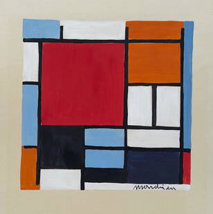 Piet Mondrian acrylic on paper Abstract Dutch painting: Acrylic on paper, painting. Signed lower right. From a private collection. 9,1 x 10,6 in. (23 x 27 cm). Piet Mondrian (1872-1944, Dutch). It is being sold in the manner or style of the artist.