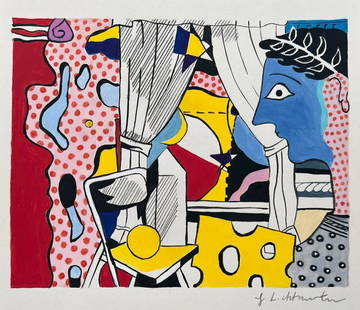 Roy Lichtenstein mixed media on paper American Pop art interior: Mixed media on paper. Signed lower right. From a private collection. 8,7 x 9 in. (22 x 23 cm). Roy Lichtenstein (1923-1997, American). It is being sold in the manner or style of the artist. Depicts a