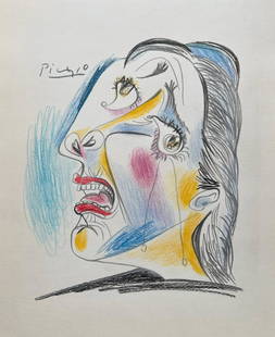 Pablo Picasso drawing on paper Spanish crying weeping woman Cubist: Drawing on paper. Signed upper left. From a private collection. 10,2 x 12,6 in. (26 x 32 cm). Pablo Picasso (1881-1973, Spanish). It is being sold in the manner or style of the artist. The drawing