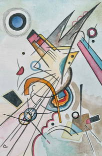 Wassily Kandinsky watercolor on canvas on cardboard Abstract Russian: Watercolor on canvas on cardboard, painting. Signed lower left. From a private collection. 7,7 x 11,7 in. (19,6 x 29,6 cm). Wassily Kandinsky (1866-1944, Russian). It is being sold in the manner or