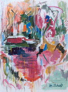 Joan Mitchell mixed media on canvas on c/b American Abstract Expressionism: Mixed media on canvas on cardboard, painting. Signed lower right. From a private collection. 7 x 9,4 in. (17,8 x 24 cm). Joan Mitchell (1925-1992, American). It is being sold in the manner or style of