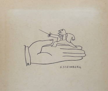 Drawing Saul Steinberg Romanian American cartoon style male fencer: Drawing on paper. Signed lower right. From a private collection. 7,3 x 8,5 in. (18,5 x 21,7 cm). Saul Steinberg (1914-1999, Romanian - American). It is being sold in the manner or style of the