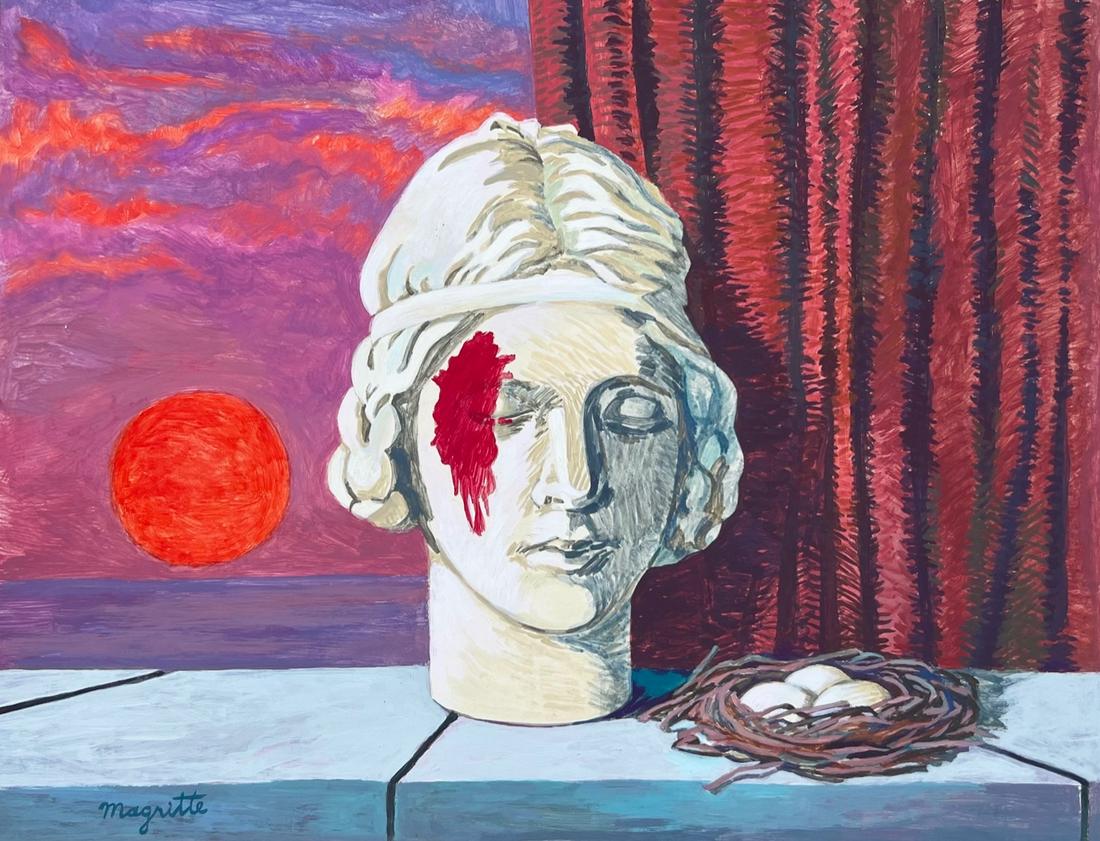Rene Magritte tempera on paper Belgian Surrealist nest and woman bust: Tempera on paper, painting. Signed lower left. From a private collection. 9,3 x 10,9 in. (23,6 x 27,7 cm). Rene Magritte (1898-1967, Belgian). It is being sold in the manner or style of the artist. Su