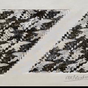 M.C. Escher linocut etching on paper Dutch Op Art: Linocut etching on paper. Signed lower right corner. From a private collection. M.C. Escher (1898-1972, Dutch). 10 x 12,4 in. (25,4 x 31,5 cm). It is being sold in the manner or style of the artist. F