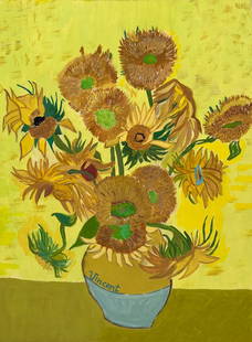 Vincent van Gogh tempera on cardboard Dutch Post-Impressionism sunflowers: Tempera on cardboard, painting. Signed lower part. From a private collection. 8 x 10,9 in. (20,5 x 27,7 cm). Vincent Willem van Gogh (1853-1890, Dutch). It is being sold in the manner or style of the