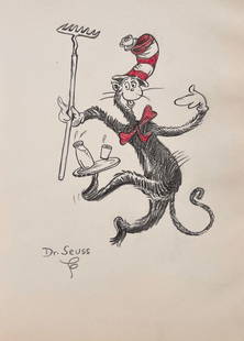 Dr. Seuss drawing Cat art cartoon American sketch: Crayon on paper, drawing. Signed lower left. From a private collection. 7,1 x 9,8 in. (18 x 25 cm). Theodor "Dr. Seuss" Geisel (1904-1991, American). It is being sold in the manner or style of the