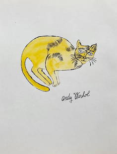 Ink watercolor on paper Andy Warhol American Pop Art cat: Watercolor, ink on paper, drawing. Signed lower right part. From a private collection. 8,7 x 11,2 in. (22 x 28,5 cm). Andy Warhol (1928-1987, American). It is being sold in the manner or style of the