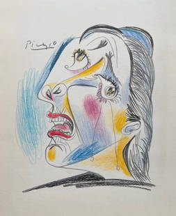 Pablo Picasso drawing on paper Spanish crying weeping woman Cubist: Drawing on paper. Signed upper left. From a private collection. 10,2 x 12,6 in. (26 x 32 cm). Pablo Picasso (1881-1973, Spanish). It is being sold in the manner or style of the artist. The drawing dep