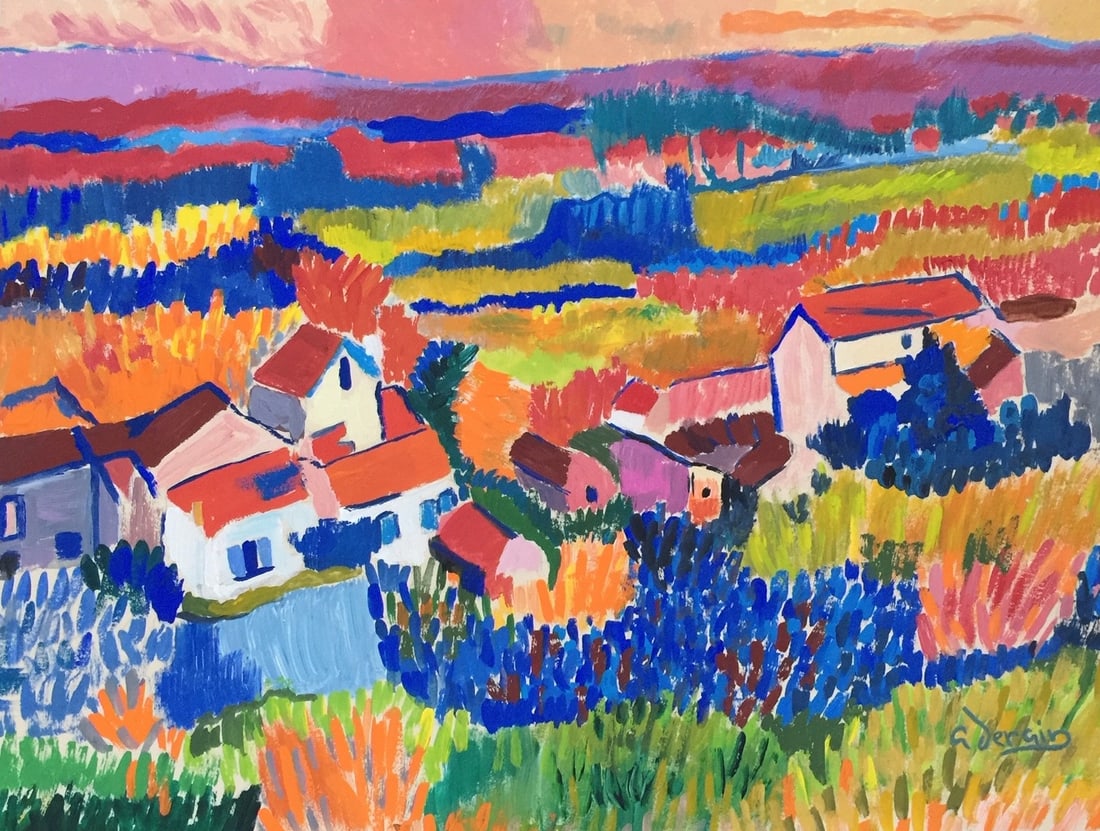 Tempera on paper Andre Derain Post-Impressionist French landscape painting: Tempera on paper, painting. Signed lower right. From a private collection. 8,2 x 10,6 in. (20,8 x 27 cm). Andre Derain (1880 - 1954, French). It is being sold in the manner or style of the artist. The