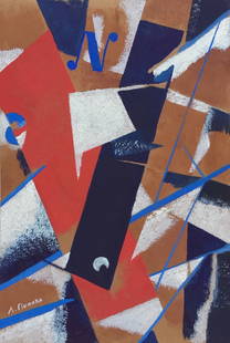 Tempera painting Russian abstract style Liubov Popova: Tempera on cardboard, painting. Signed lower left. From a private collection. 8,2 x 12,2 in. (20,8 x 31 cm). Liubov Popova (1889-1924, Russian). It is being sold in the manner or style of the artist.