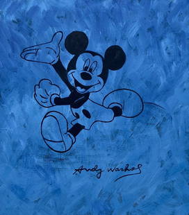 Andy Warhol acrylic on cardboard American Mickey Mouse painting Pop art: Acrylic on cardboard, painting. Signed lower part. From a private collection. 8,5 x 9,8 in. (21,7 x 25 cm). Andy Warhol (1928-1987, American). It is being sold in the manner or style of the artist. Th