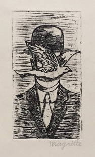 Rene Magritte Belgian Surrealist linocut etching man with bowler hat and dove: Linocut etching on paper. Signed lower right corner. From a private collection. 7,8 x 11,3 in. (19,9 x 28,6 cm). Rene Magritte (1898-1967, Belgian). It is being sold in the manner or style of the arti