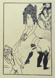 Vintage litho Modern Aubrey Beardsley erotic scene nude women figures English lithograph print: Vintage offset lithograph on thin paper. Paper size: 7,9 x 10,4 in. (20 x 26,3 cm). Aubrey Vincent Beardsley (1872-1898, English). The litho print demonstrates an erotic scene.