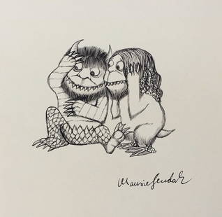 Ink drawing on paper American style Maurice Sendak monsters: Ink on paper, drawing. Signed lower left. From a private collection. 7,9 x 7,9 in. (20 x 20 cm). Maurice Sendak (1928-2012, American). It is being sold in the manner or style of the artist. Depicts a