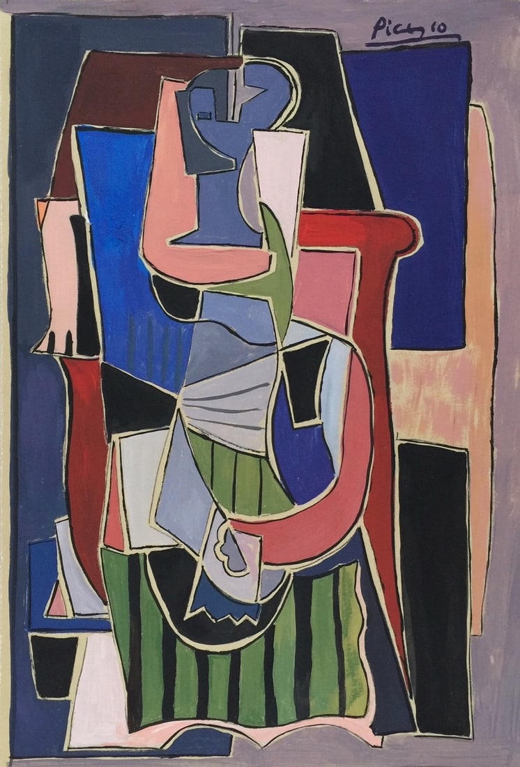 Tempera on paper seated woman Pablo Picasso Spanish Cubism portrait painting in the interior (1 of 2)