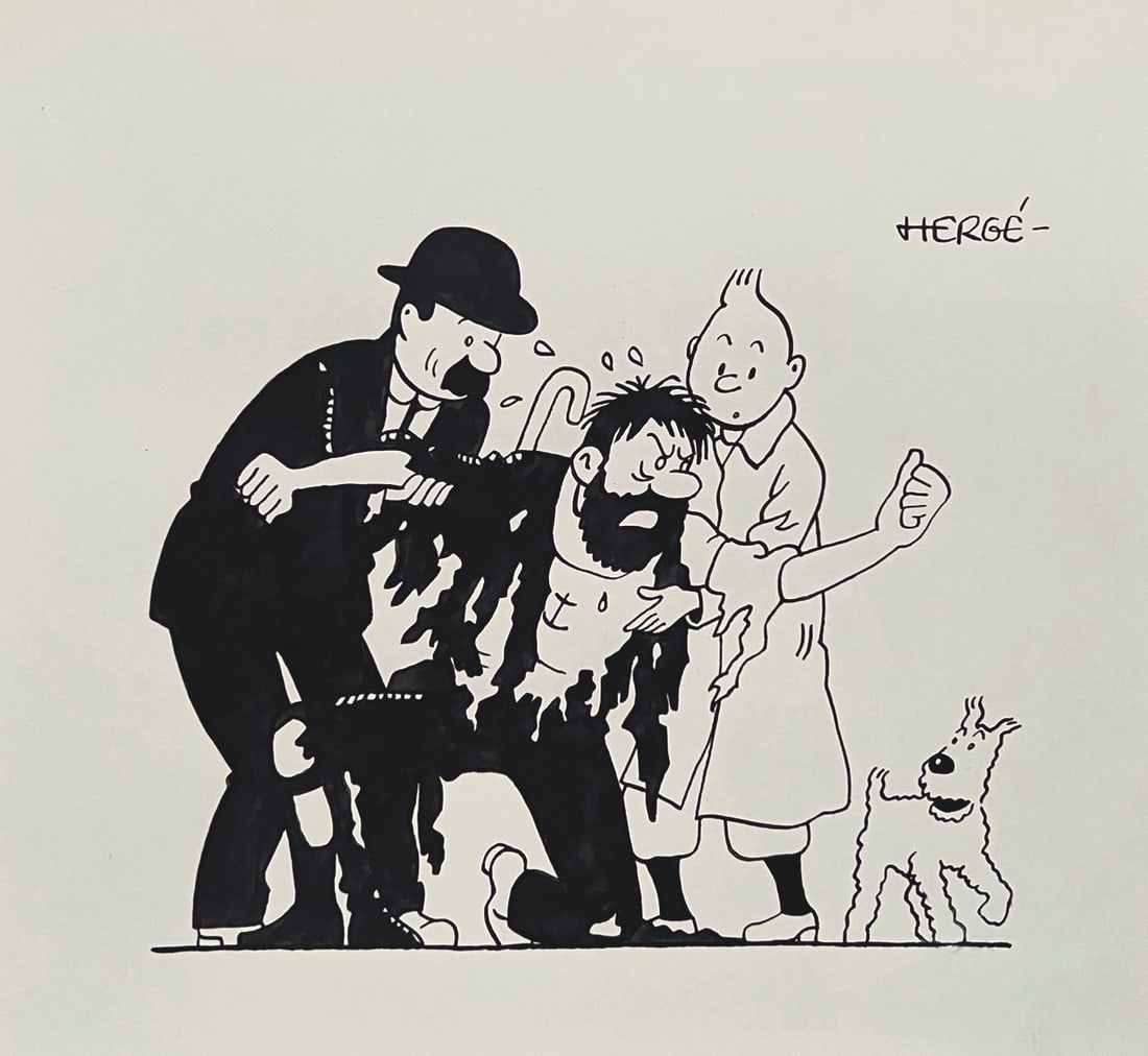 Ink on paper comics drawing Belgian Herge Tintin Milou Captain Haddock characters: Ink on paper, drawing. Signed upper right. From a private collection. Herge (Georges Remi) (1907-1983, Belgian). 8,5 x 9 in. (21,5 x 23 cm). It is being sold in the manner or style of the artist. Comp