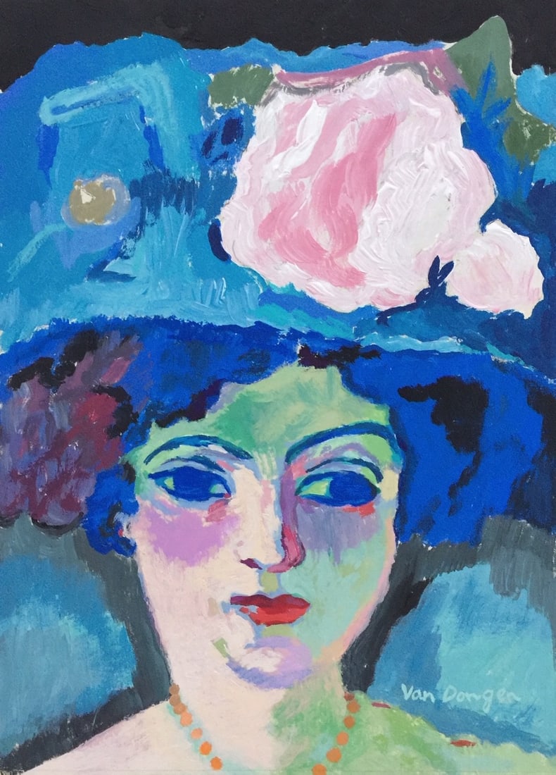Tempera on paper on c/b Kees Van Dongen Dutch Fauvism woman in hat blue portrait painting (1 of 2)