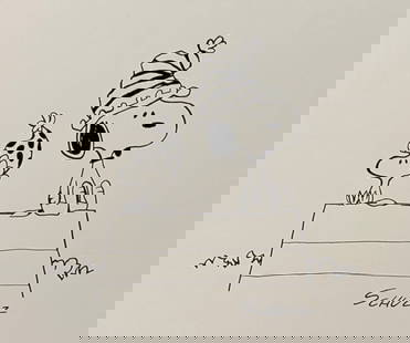Ink on paper American comics style Charles Schulz children drawing: Ink on paper, drawing. Signed lower right. From a private collection. 10,2 x 12 in. (25,9 x 30,5 cm). Charles M. Schulz (1922-2000, American). It is being sold in the manner or style of the artist. De
