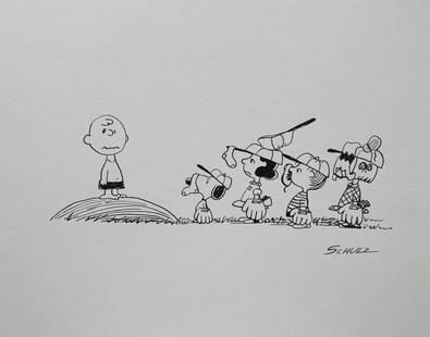 Ink on paper American comics style Charles Schulz children drawing Snoopy: Ink on paper, drawing. Signed lower right. From a private collection. 9,7 x 12,2 in. (24,7 x 31 cm). Charles M. Schulz (1922-2000, American). It is being sold in the manner or style of the artist.