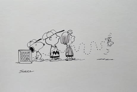 Ink on paper American comics style Charles Schulz drawing Snoopy Charlie Brown: Ink on paper, drawing. Signed lower left. From a private collection. 8,6 x 12,6 in. (21,8 x 32 cm). Charles M. Schulz (1922-2000, American). It is being sold in the manner or style of the artist. Depi