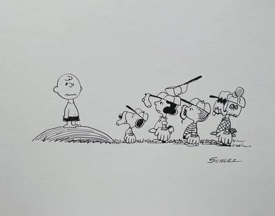 Ink on paper American comics style Charles Schulz children drawing Snoopy: Ink on paper, drawing. Signed lower right. From a private collection. 9,7 x 12,2 in. (24,7 x 31 cm). Charles M. Schulz (1922-2000, American). It is being sold in the manner or style of the artist.