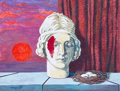 Rene Magritte tempera on paper Belgian Surrealist nest and woman bust: Tempera on paper, painting. Signed lower left. From a private collection. 9,3 x 10,9 in. (23,6 x 27,7 cm). Rene Magritte (1898-1967, Belgian). It is being sold in the manner or style of the artist.